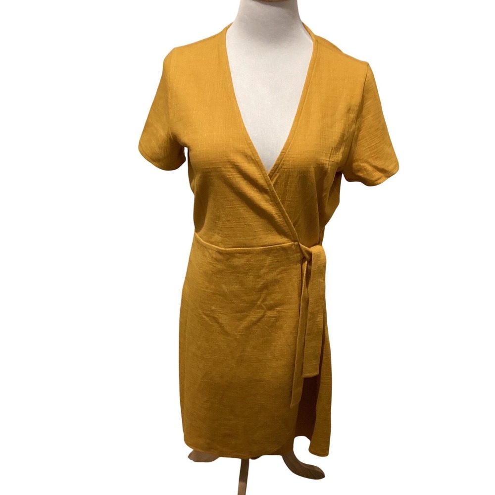 J. Crew Mustard Yellow Linen Blend Wrap Dress Short Sleeve Tie Waist Midi Size M